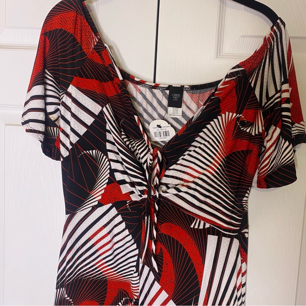 Black Red Jumpsuit Plus Size 3X Draw String Front Short Sleeve NWT